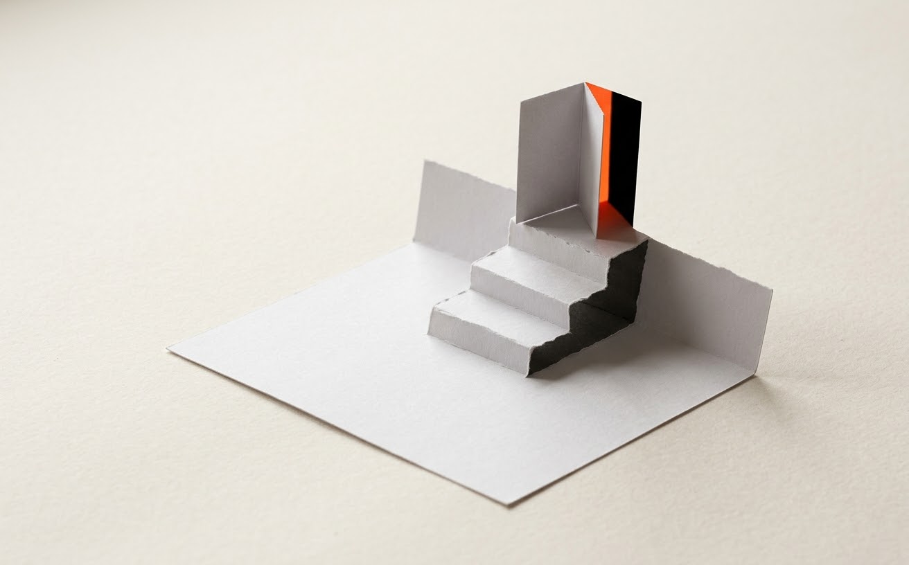 A paper staircase leading to a paper door with an orange interior