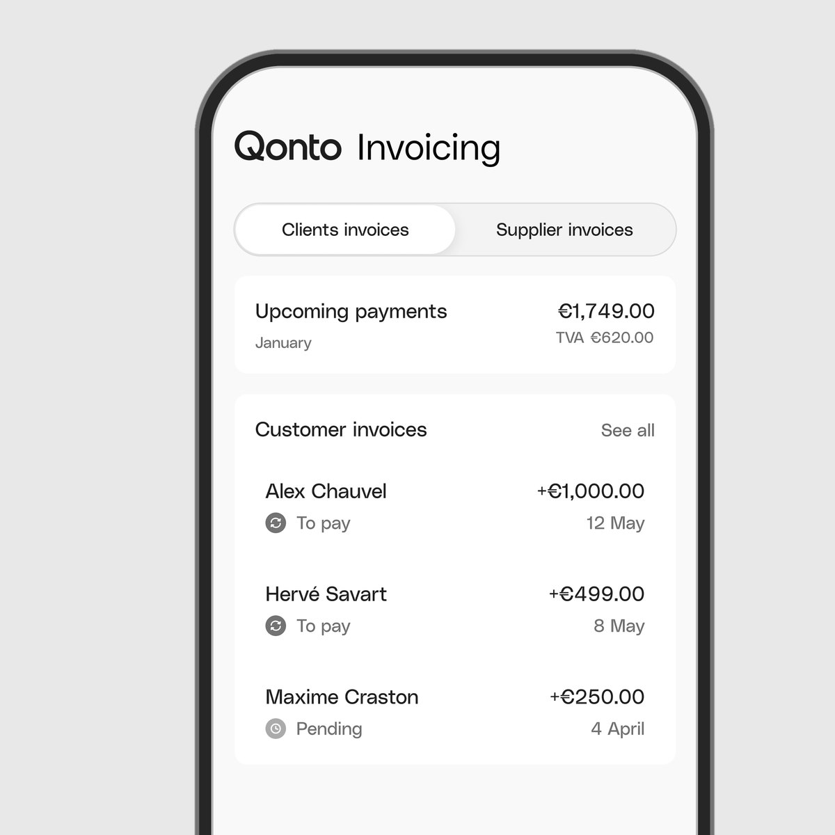 Qonto Invoicing on mobile: client and supplier invoices, upcoming payments