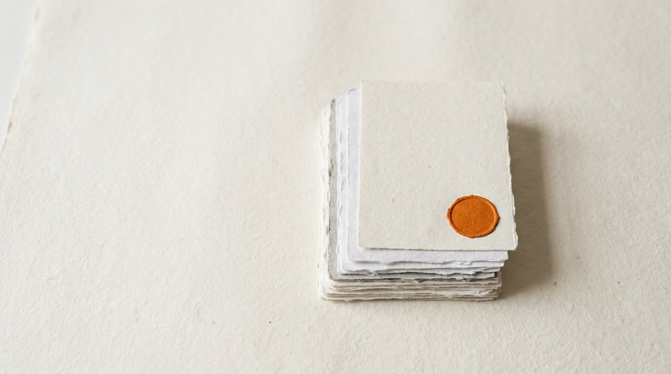 A stack of rough-edged paper sheets with an orange seal on the top one