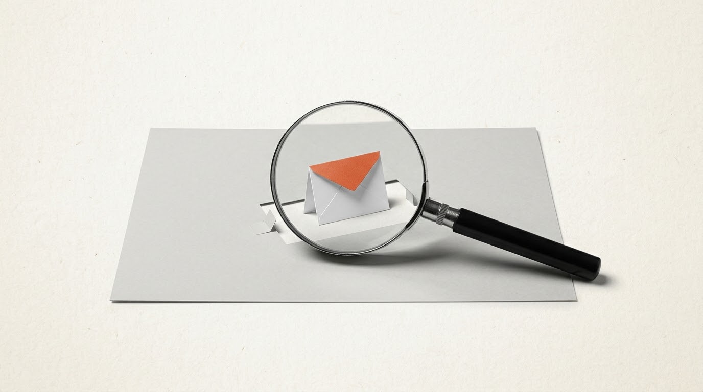 A magnifying glass over a small paper envelope with an orange flap